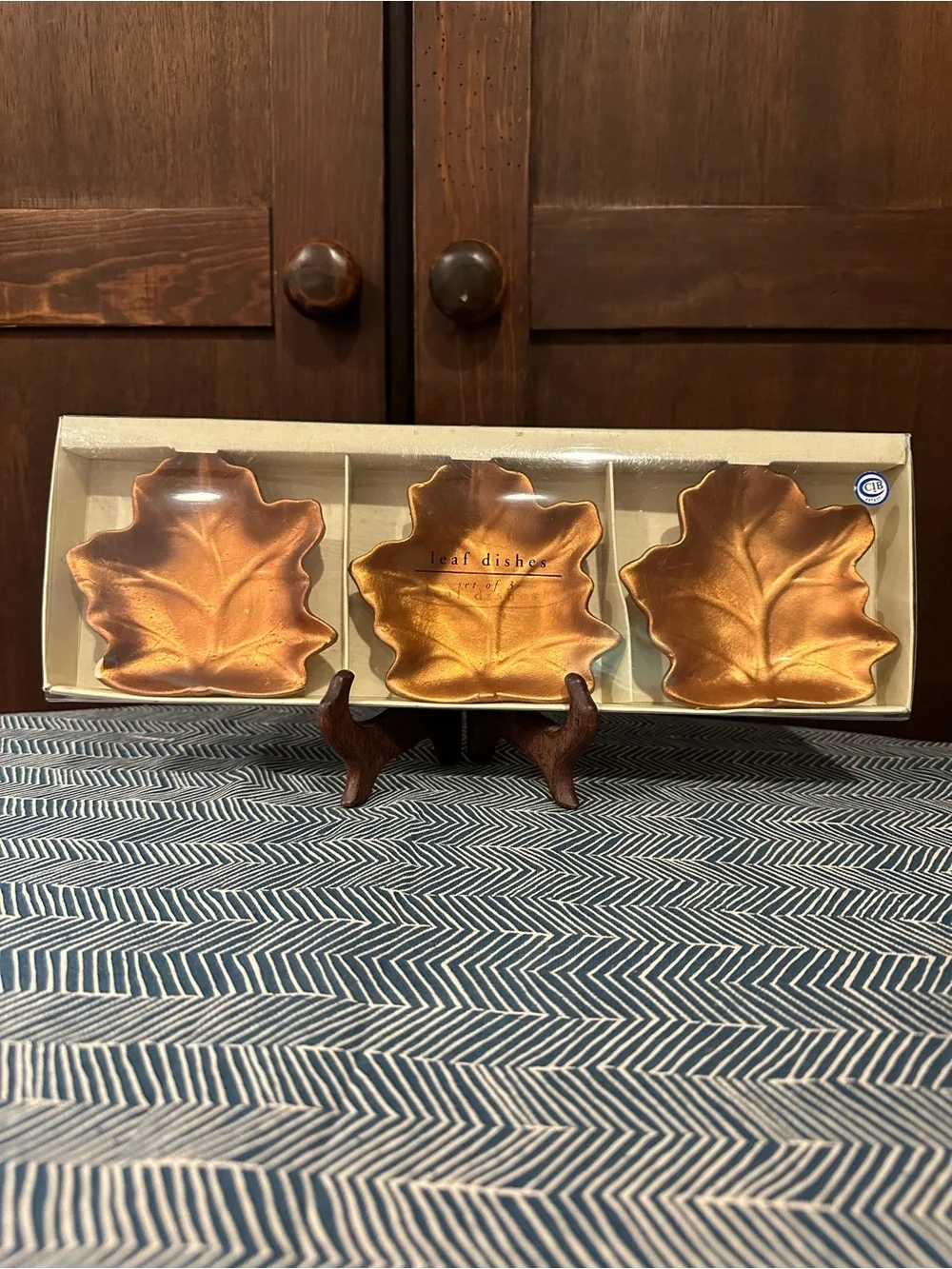 Pier 1 Imports • set of 3 bronze colored leaf dishes • ceramic • in box